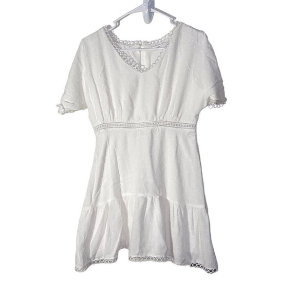 Lush Womens Mini Dress Size Medium White Swiss Dot Crochet Inset Loop Trim - Picture 1 of 9